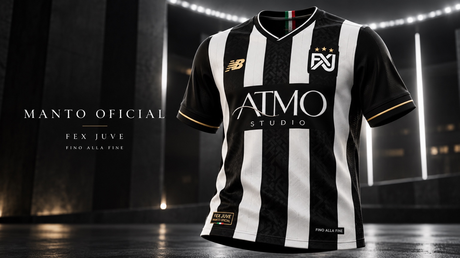 Manto Oficial FEX Juve — camisa listrada preta e branca com detalhes dourados e patrocínios atmo Studio e NB